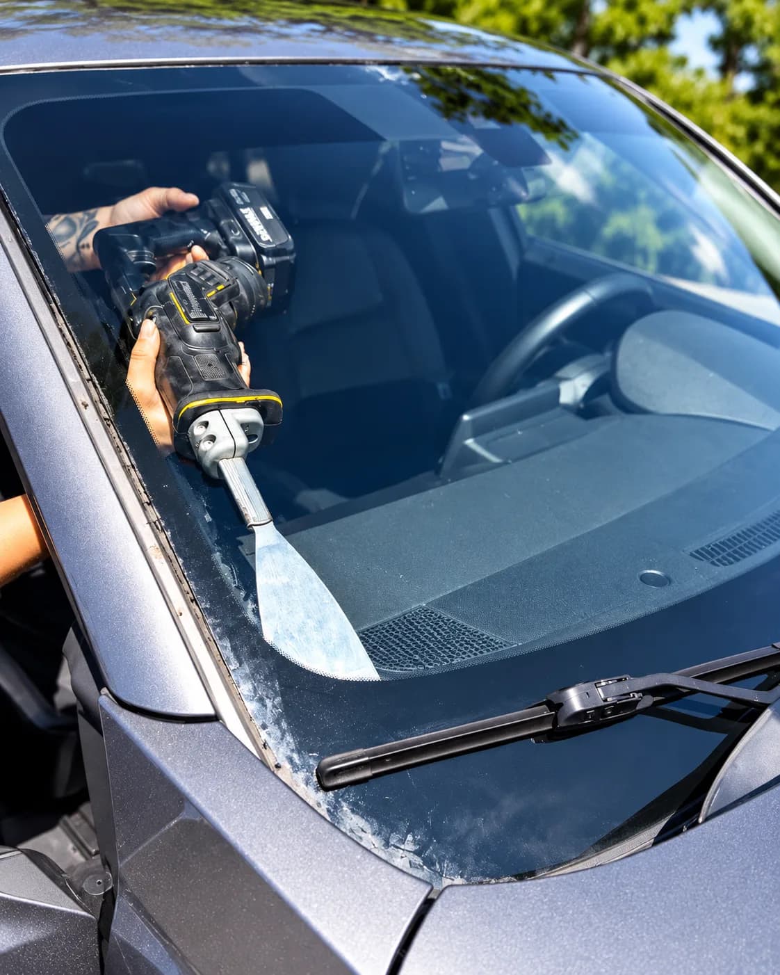 Windshield removal during auto glass replacement