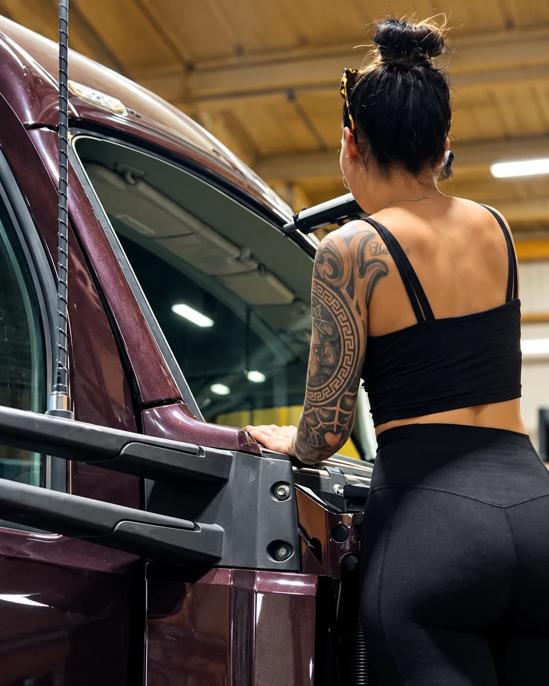 Technician working on a truck windshield